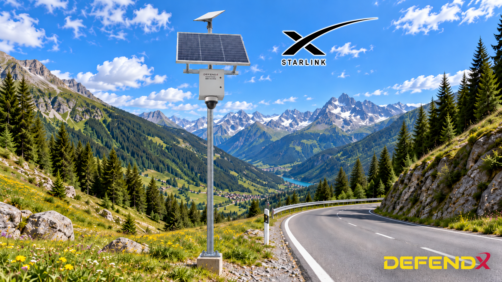 Postazione DefendX Starlink per videosorveglianza solare in area montana remota